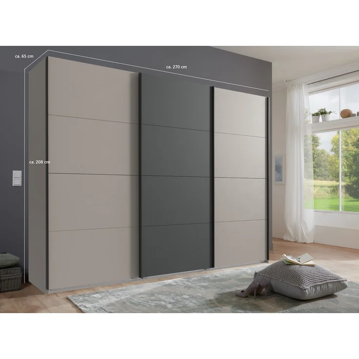 Schwebetürenschrank Kleiderschrank 270cm 3-türig Zubehör Sand Grau u. Anthrazit – Bild 6