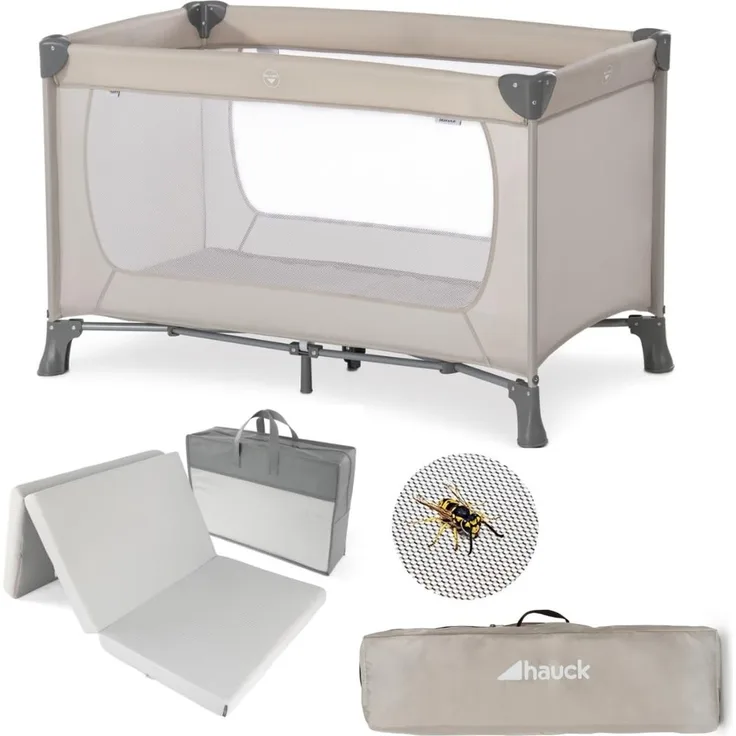 hauck Baby Reisebett Set Dream n Play mit Komfort Matratze und Insektenschutz | faltbares Kinder Babyreisebett mit Tasche - Beige