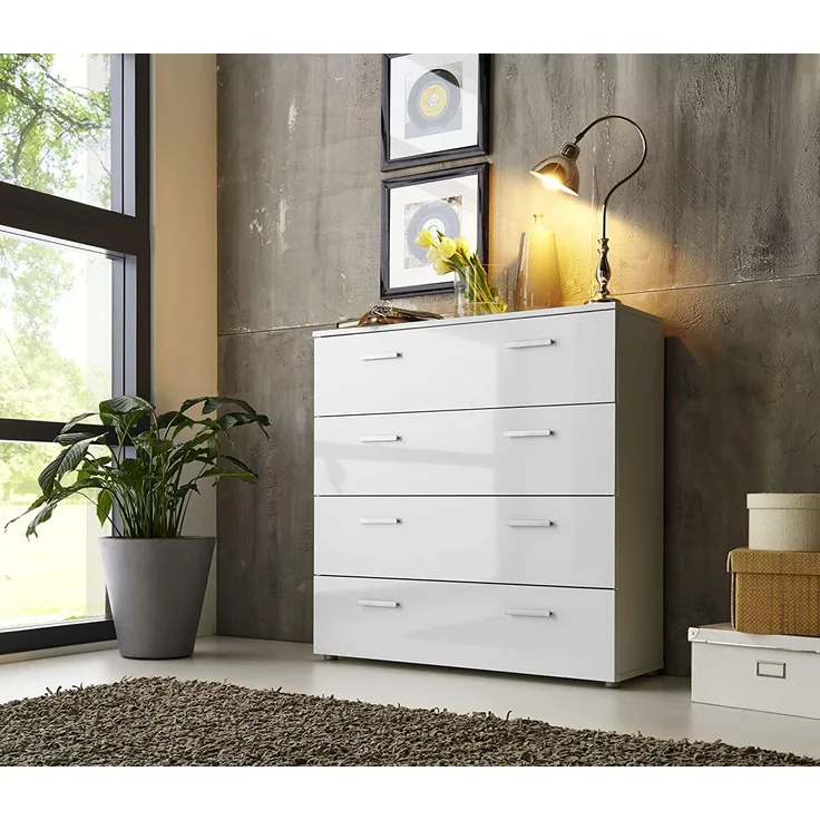 Schubladen Kommode Sideboard Anrichte MARBELLA in Hochglanz Weiß - Made in Germany - Höhe 91cm, Breite 88cm, Tiefe 32cm
