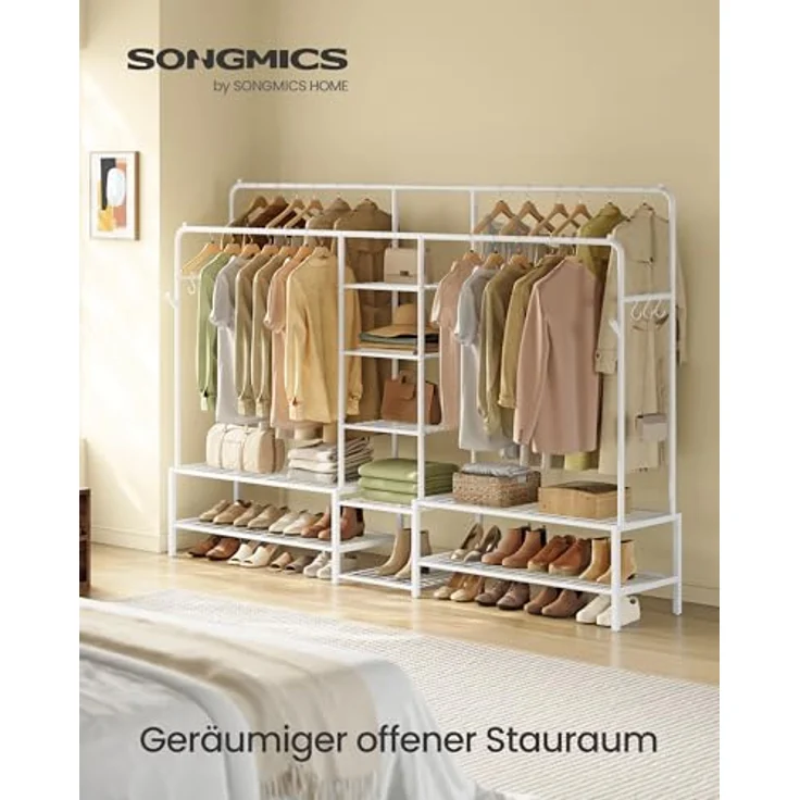 SONGMICS Kleiderständer, offener Kleiderschrank, Garderobenständer mit 9 Ablagen, Metallrahmen, Kleiderstange, für Schlafzimmer, Wohnzimmer, Eingangsbereich, weiß HSR183WG01 – Bild 3
