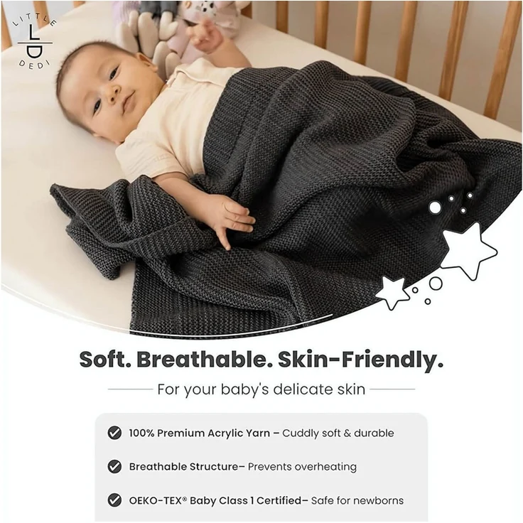 Babydecke Baby Strickdecke, Babydecke, Weich & Atmungsaktiv, 80x100cm, Grau, Little Dedi – Bild 2