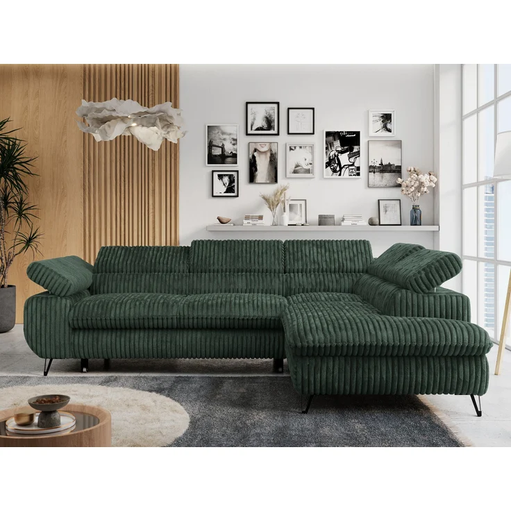 Mks Möbel 'Peter L-form' Ecksofa mit Bettfunktion, Bettkasten & einstellbaren Kopfstützen, Grün, Cord, rechts – Bild 1