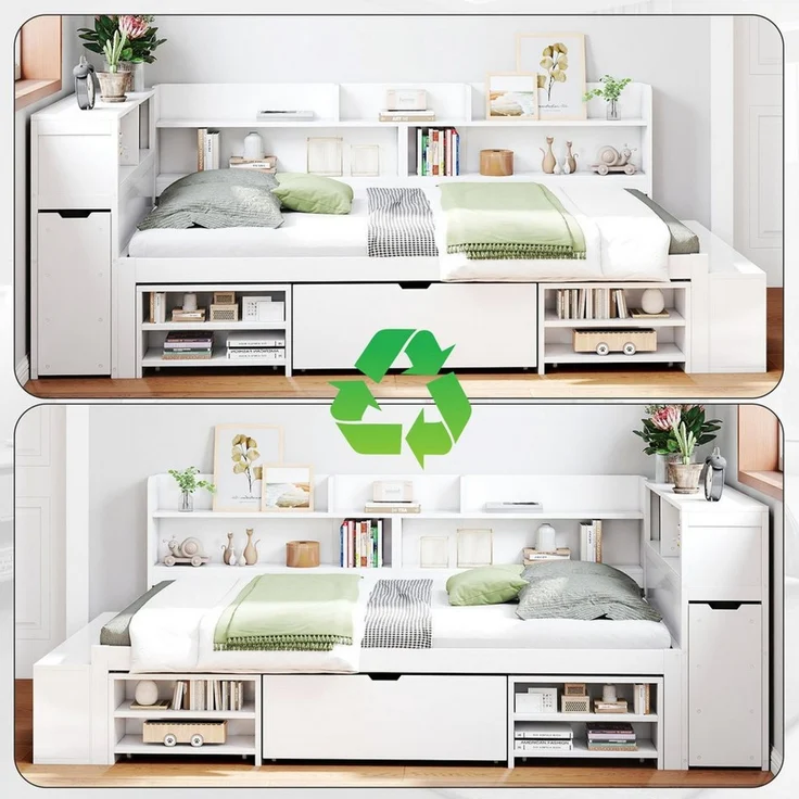 HAUSS SPOLE Holzbett 90x200cm mit Schubladen, Bücherregal, Stauschrank ohne Matratze, weiß (Multifunktionales Kinderbett, mit Lattenrost, ohne Matratze, 90*200cm), mit Schubladen, Bücherregal und Stauschrank – Bild 3