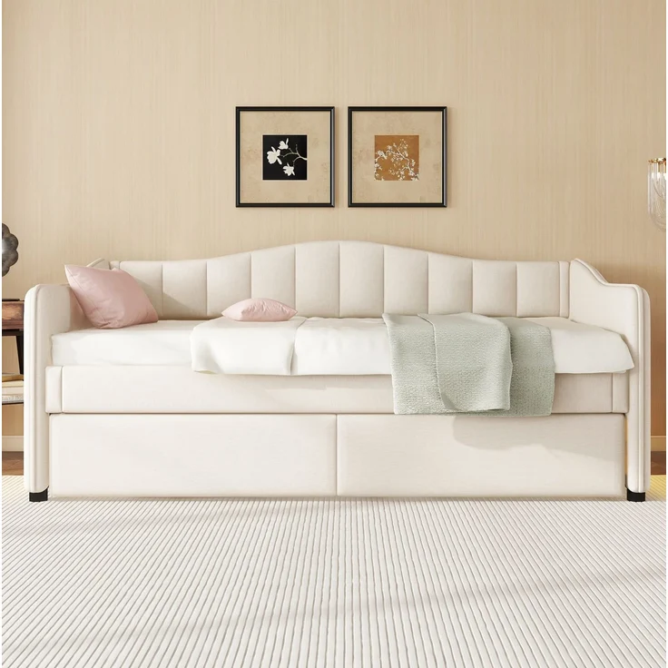 CHICFURN Bett aus Leinen, Beige, 90x200 cm, mit Ausziehbett und LED-Beleuchtung – Bild 5