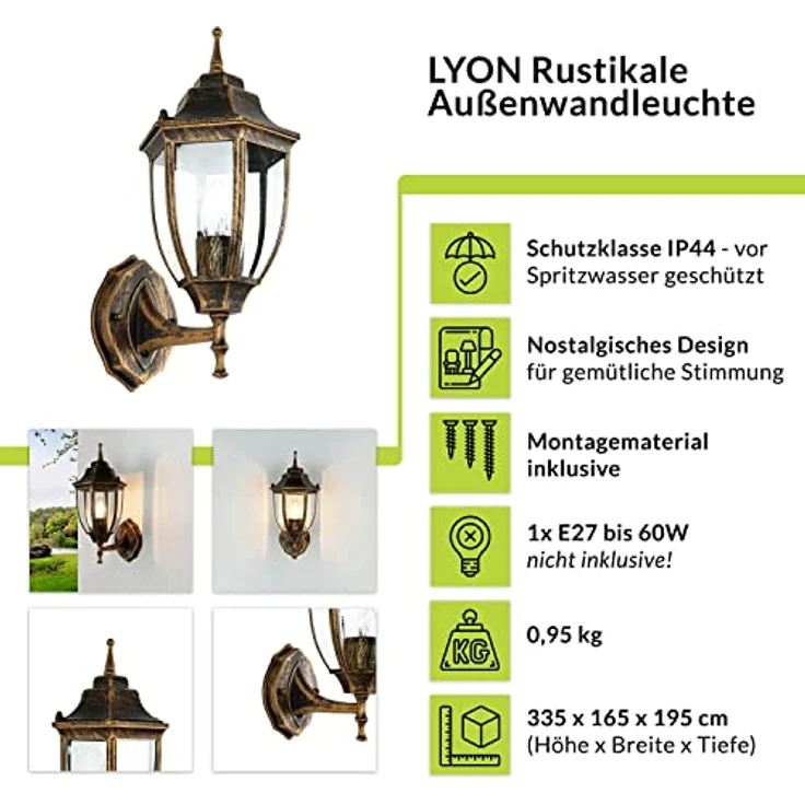 Licht-Erlebnisse Lyon, Wandlampe Außen in Schwarz-Kupfer, dekorative E27 Laterne mit IP44, Höhe 355 mm, geeignet für LED – Bild 2