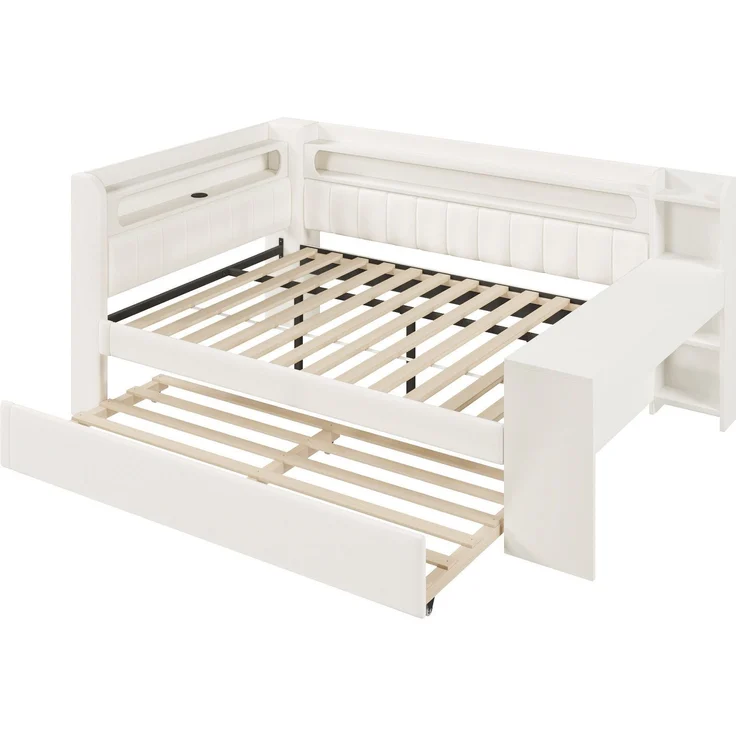Stauraumbett mit gepolstertem Kopfteil, Schreibtisch und LED-Beleuchtung (140x200cm, Lattenrost, Regal, Gästebett, USB und Type-C), Doppelbett – Bild 9