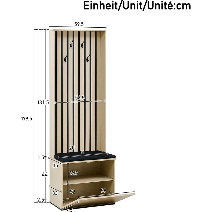Garderobe mit gepolsterter Sitzbank und Stauraum, 61x35x179,5 cm, Holzfarben – Bild 4