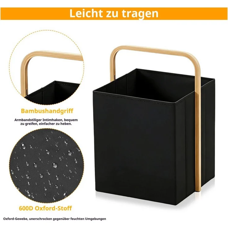 BlingBin Wäschekorb Einkaufskorb Faltbarer mit Henkel Wäschesammler aus Oxford und Bambus (1 Stück, 1 St, 40 × 30 × 35 cm,Fassungsvermögen: 42 Liter), für Schlafzimmer & Badezimmer, Wäschewanne Laundry Storage Baskets – Bild 2