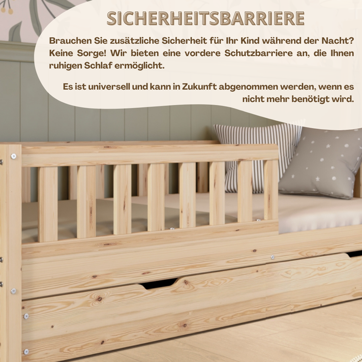 Crazy Pine 'Crazy Basic' Kinderbett mit Rausfallschutz, Skandinavisches Design, Holz, Natur, 100x200 cm, mit Ausziehbett – Bild 6