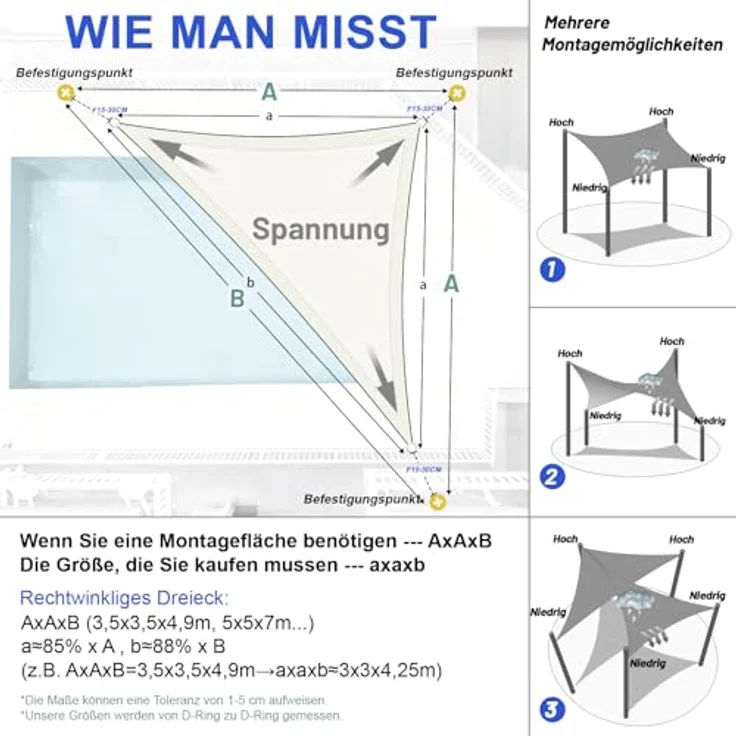 LOVE STORY Sonnensegel Wasserdicht 4 x 4 x 5. 65m Dreieckig Rechtwinklig PES Polyester Sonnenschutz Windschutz Balkon Terrasse 95% UV-Schut,für Balkon Garten,Cremeweiß – Bild 6