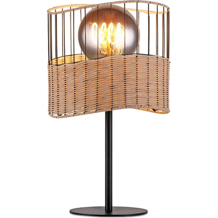 LED Tischleuchte, Metall, schwarz, Holzgeflecht, E27, H 42 cm