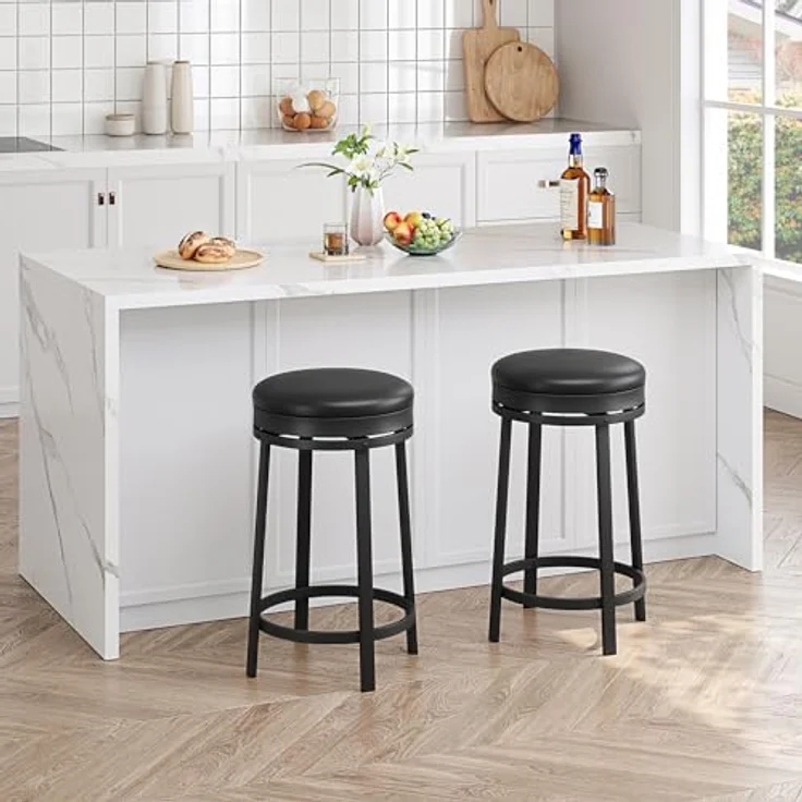 GarveeHome 360°Drehbar Runde Barhocker 2er Set, 62cm Hoch Barstühle mit Fußstütze, Küchenthekenhocker mit PU-Kunstleder und Metallrahmen, Hocker für Bartisch, Küchenstühle für Küche/Bar, Schwarz – Bild 1