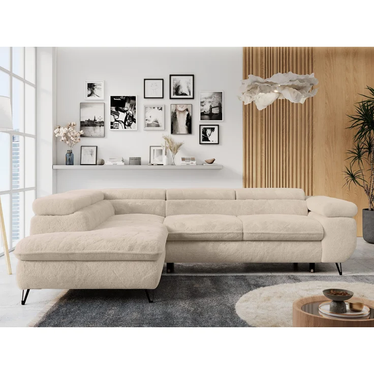Ecksofa mit Bettfunktion, Modern Sofa, L-form, Einstellbare Kopfstützen, Bettkasten - PETER - Creme Plüsch - links – Bild 4