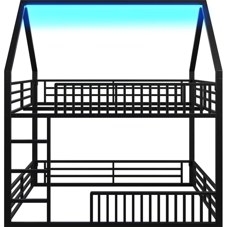 U-life Haus-Etagenbett 140x200 cm mit Sicherheitszaun, LED-Beleuchtung und 2 Lattenrosten, Schwarz – Bild 9
