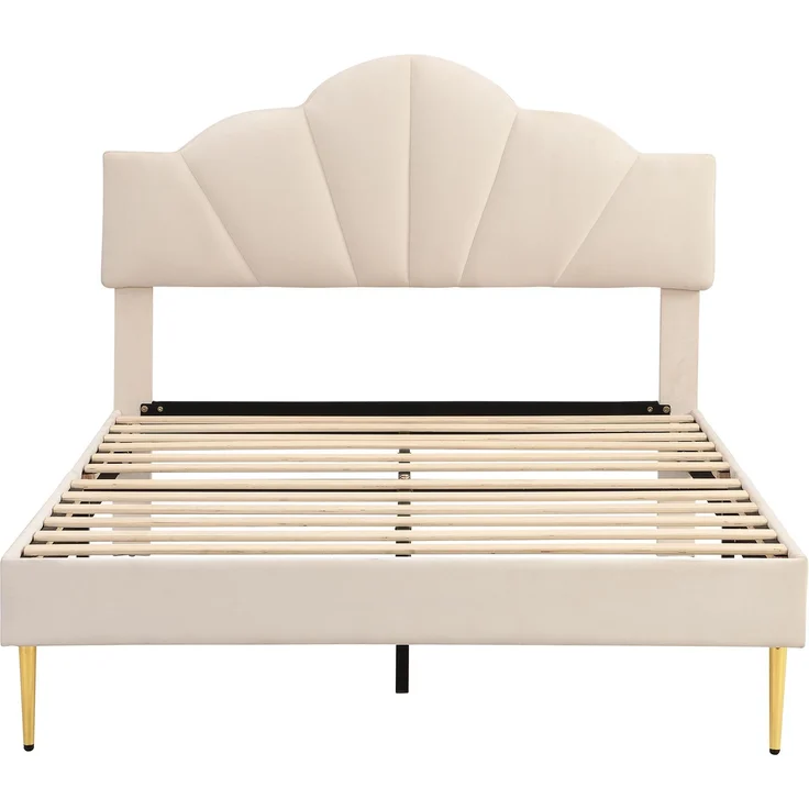 Polsterbett 140×190 cm mit höhenverstellbarem Kopfteil, Samtbezug, Beige, ohne Matratze – Bild 4