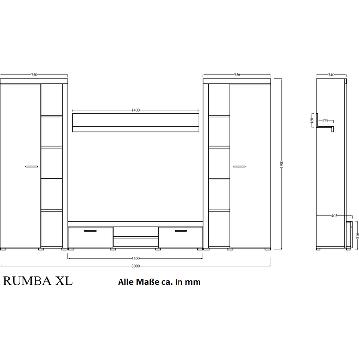 Rumba XL Wohnwand Schrankwand Anbauwand Wohnkombi Wohnzimmer Old Wood + Matera – Bild 3