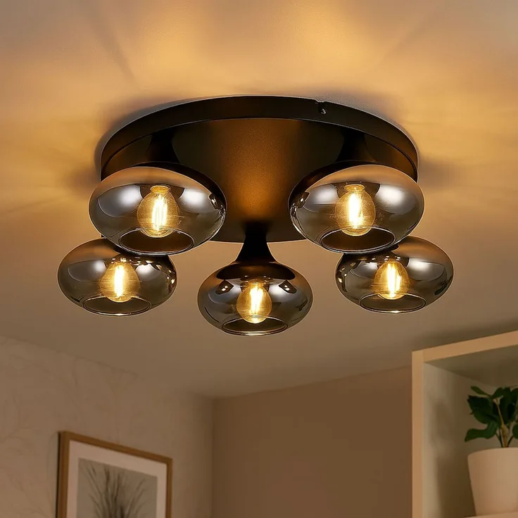 LED Deckenleuchte, 5 flammig, schwarz, dimmbar, D 49 cm