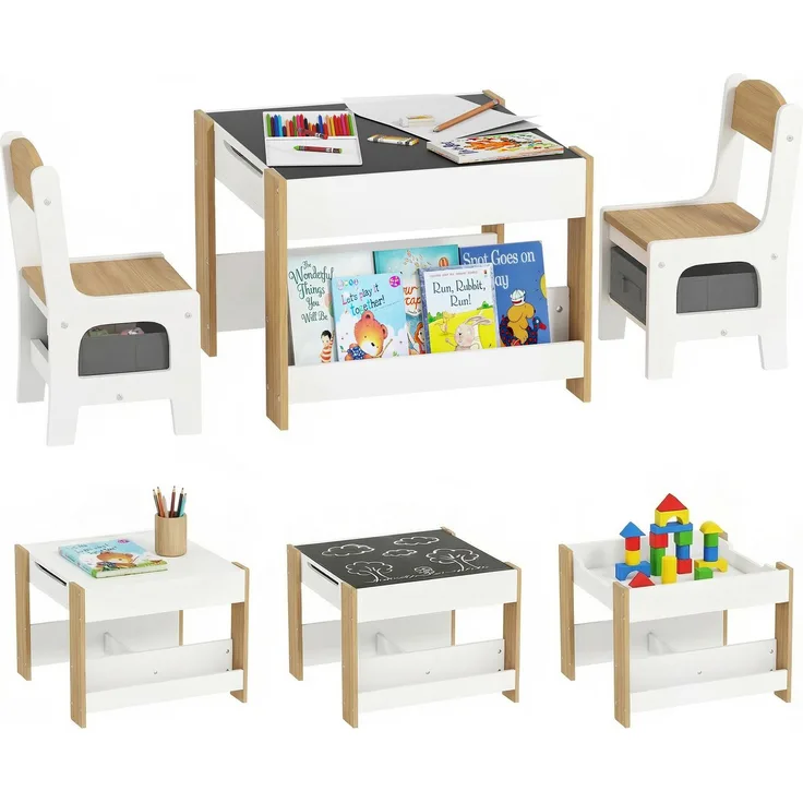Kindertisch mit 2 Stühlen, 3-teilig, wendbare Tafelplatte, Aufbewahrungskorb und Ablagen