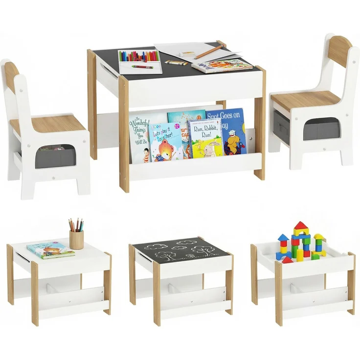 Kindertisch mit 2 Stühlen, 3-teilig, wendbare Tafelplatte, Aufbewahrungskorb und Ablagen – Bild 1