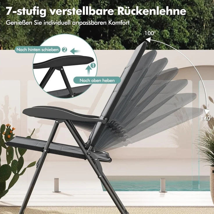 2er Set Gartenstühle mit 7-fach Verstellbarer Rückenlehne Klappstühle Balkonstühle Grau – Bild 3