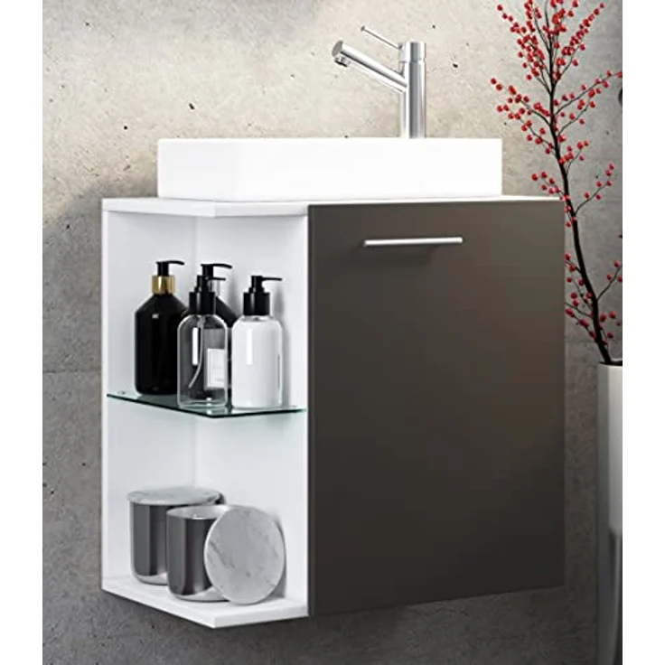 VCM Badmöbelset "Hausa", 2-tlg. Gäste WC Waschplatz mit Keramik-Waschbecken und Glasfachboden, schmal, 63 x 52 x 34 cm – Bild 2