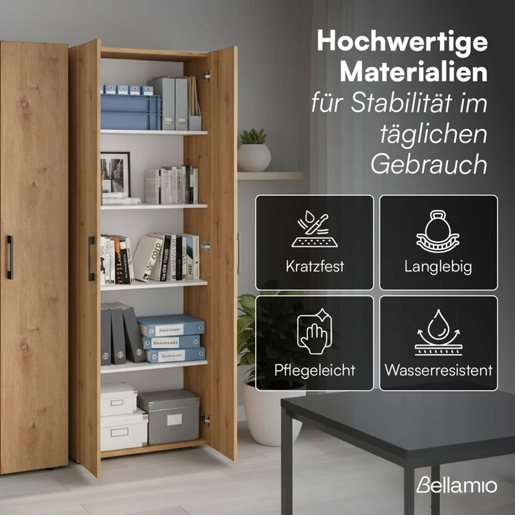 Bellamio 'Apol' Mehrzweckschrank, Eichenoptik, 176x33x60 cm, Aktenschrank mit 5 höhenverstellbaren Ablagefächern – Bild 5