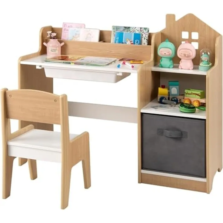 FANTASK Schreibtisch Kinder mit Stuhl, Kinderschreibtisch mit Schublade, offenen Regalen & Stoffbehälter