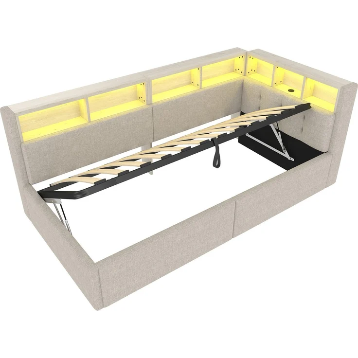 Stauraumbett mit LED-Beleuchtung, Lattenrost, Stauraum, Regal, USB und Type-C Anschlüssen, 90x200cm, Polsterbett, Einzelbett, Schlafsofa, Leinen – Bild 9