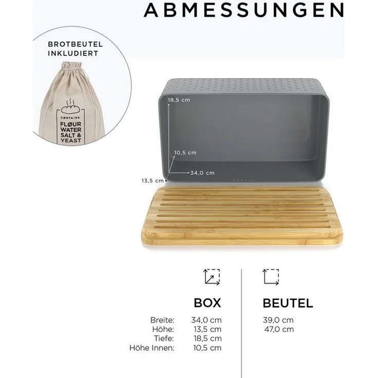 LARS NYSØM Brotkasten Glæde, Edelstahl, Metallbrotbox mit Brotsack und Bambusschneidebrett – Bild 3