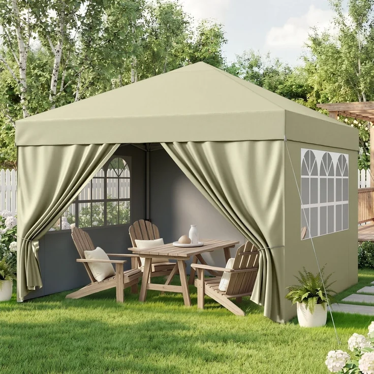 Hawthyhome Faltpavillon 3x3 Pop-Up Partyzelt, wasserdicht & UV50+, One-Touch-Schnellaufbau, 3 Höhenstufen, stabiles Kohlenstoffstahl-Gestell, inkl. 4 Seitenwände & Tragetasche, für Garten, Terrasse & Gartenpartys, Beige – Bild 9