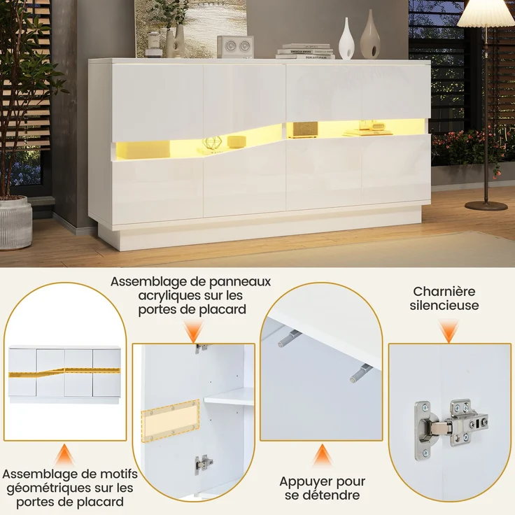 ZUBALIYA Sideboard 140x35x70 cm, mit LED-Beleuchtung, Hochglanz, mit 4 Türen, aus Spanplatte, Weiß – Bild 12