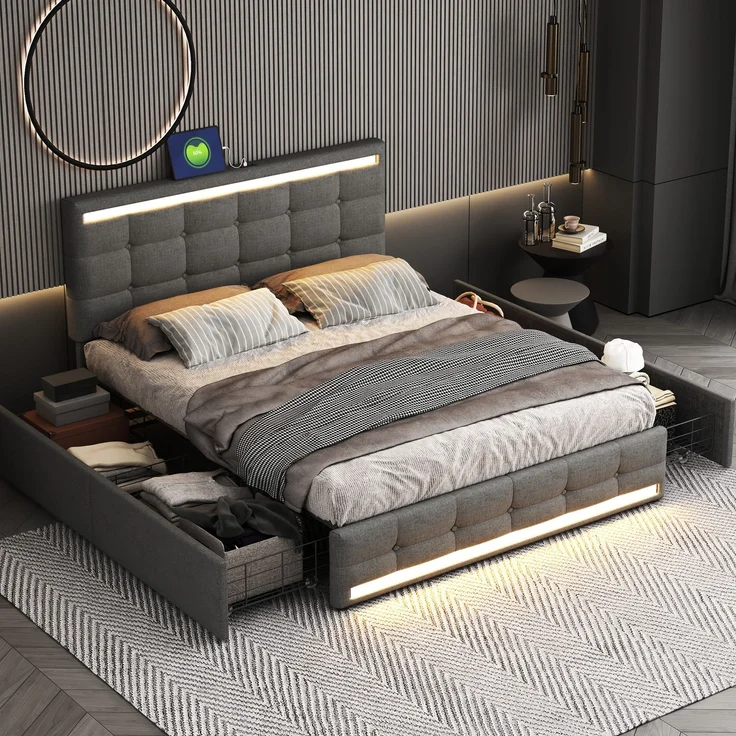Polsterbett 140x200 cm LED Beleuchtung mit USB & Stauraum, modernes Doppelbett mit Leinenstoff Grau – Bild 4