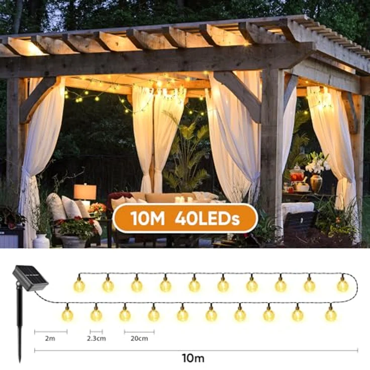 SALCAR Solar Lichterkette Außen, 10m 40 LEDs Kristallkugeln mit 8 Modi, IP44 Wasserdicht, Warmweiß – Bild 5