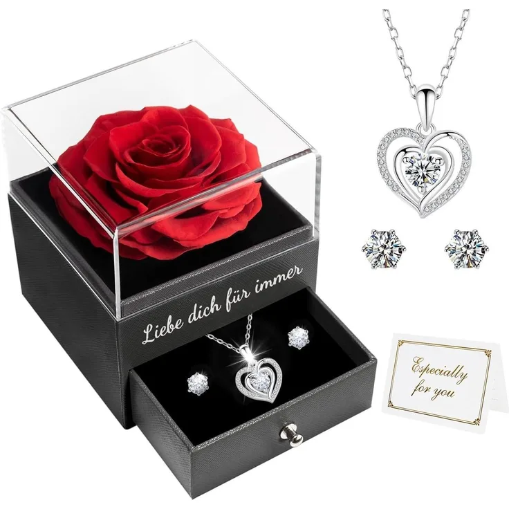 Ewige Rose Geschenkbox mit Halskette und Ohrringe - Valentinstag Weihnachten Rot