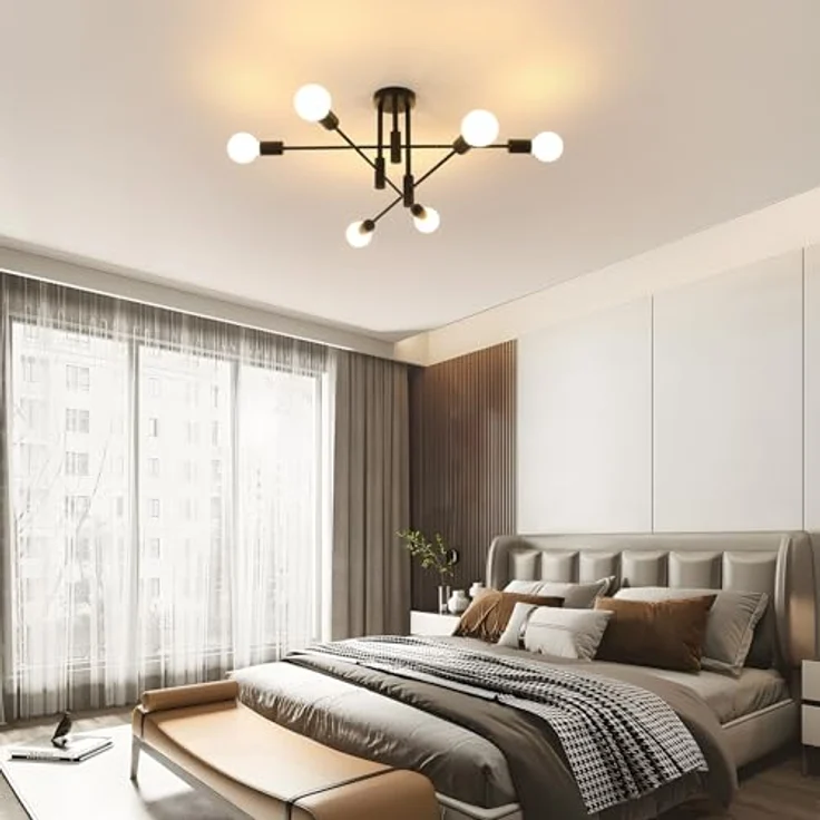 Goeco Deckenlampe Schwarz Vintage, 6 Flammig E27 Fassung Industrial Kronleuchter, Retro Deckenleuchte Sputnik für Schlafzimmer Küche Wohnzimmer, 70CM MAX. 60W (Glühbirnen Nicht Inbegriffen) – Bild 9
