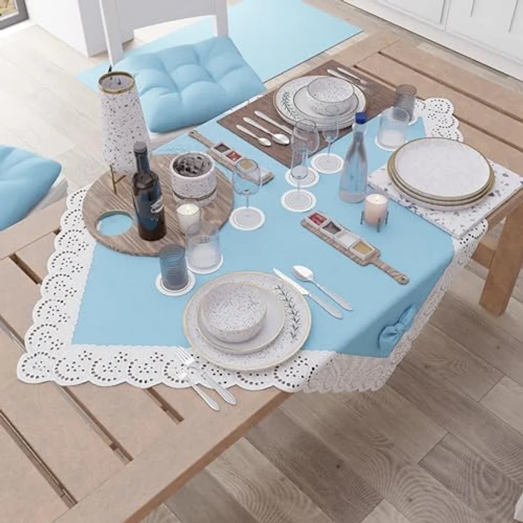 PETTI Artigiani Italiani - Elegante Mitteldecke, Tischläufer für die Küche, einfarbig mit Rüschen aus Spitze mit Fransen und Schleifen, Mitteldecke aus Baumwolle, Mitteldecke 95 x 95 cm – Bild 2