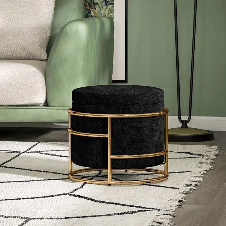 Hocker H 39 x T 42 x B 42 cm, schwarzer Polyester-Samt, Stauraum und goldfarbener Stahlrahmen, 1 Stück – Bild 3