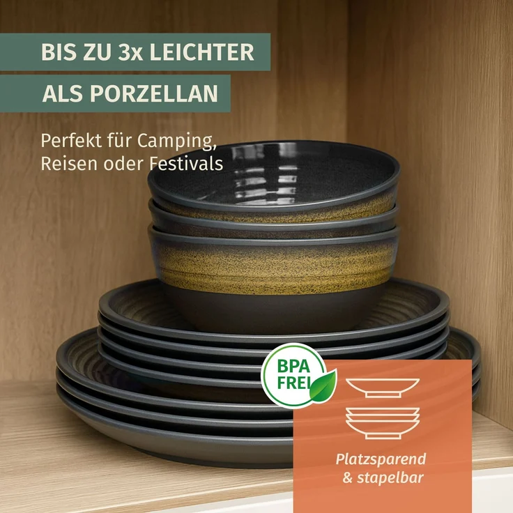 Moritz Camping Tafelgeschirr aus Melamin für 4 Personen 12-teilig | spülmaschinenfest | Picknick Geschirrset | Geschirr Campinggeschirr I Stone Curry Design – Bild 6