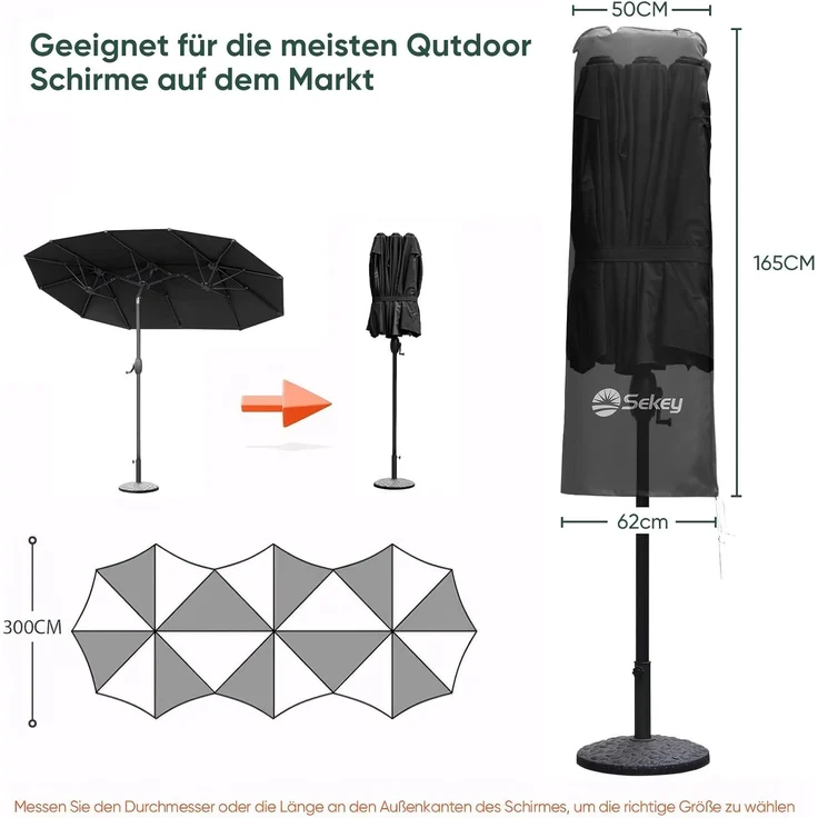 Sekey Doppelsonnenschirm Schutzhülle | Abdeckhauben für Sonnenschirm | 165×50/62 cm – Extrabreite Abdeckhaube für XXL-Schirme, 100% Polyester – Bild 2