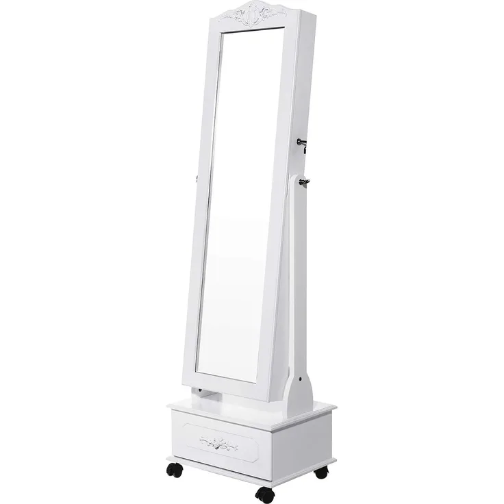 Schmuckschrank mit 3 Schubladen, LED-Beleuchtung & Rollen, abschließbar, MDF Weiß, JBC61W, 156 x 45 x 35 cm