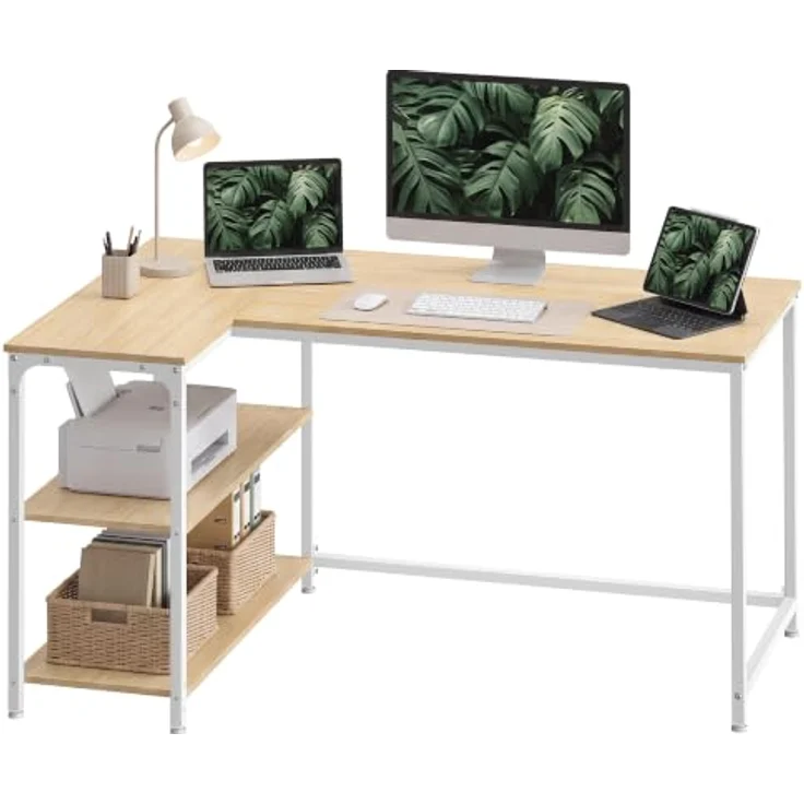 VASAGLE Eckschreibtisch in L-Form, Computertisch, 120 x 80 cm | mit Stauraum, höhenverstellbare Ablage, beidseitig montierbar, Natürliche Eiche und Mattweiss, BARNET Kollektion LWD136Y101 – Bild 4