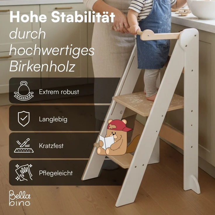 Bellabino 'Tay' Lernturm für Kinder ab 1 Jahr, Tritt 2-fach höhenverstellbar, weiß/natur, Birke Sperrholz, klappbar, Tritthocker bis 50 kg belastbar – Bild 5