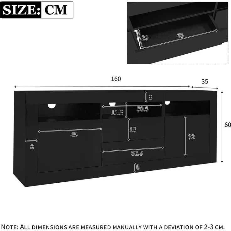 Merax 160*35*60cm Hochglanz-TV-Schrank mit LED-Beleuchtung, 3 offenen Fächern, 2 Türen, 2 Schubladen, Smart App Steuerung, für 70-Zoll-Fernseher, Hochglanz-TV-Ständer, Schwarz – Bild 4