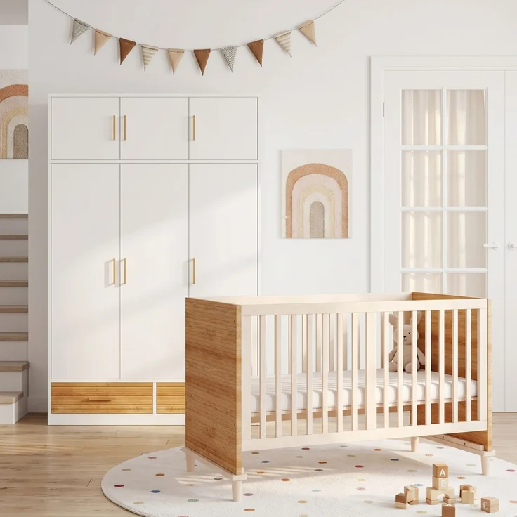 Merax 3-türiger Kleiderschrank + Gitterbett, Babyzimmermöbel, Kinderzimmermöbel-Set, Schlafzimmermöbel, freistehender Kleiderschrank mit Aufsatzschrank (120 x 50 x 180 cm), Babybett (70 x 140 x 87 cm), Naturholz – Bild 5