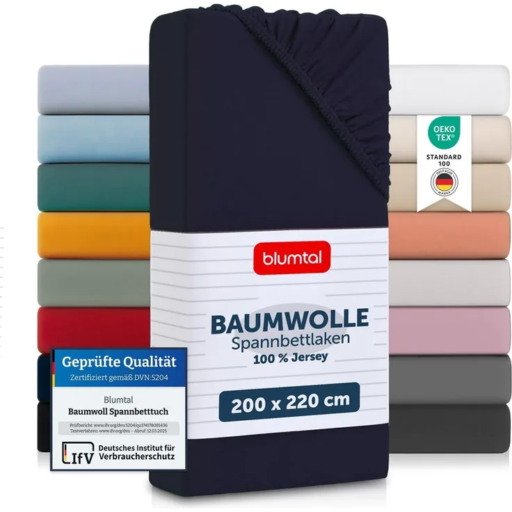 Blumtal® Spannbettlaken 200x220 cm Basics Jersey - Bettbezug 200x220 cm aus 100% Baumwolle - Oeko-TEX zertifiziertes Spannbetttuch 200x220 cm - Spannleintuch 200x220 - Laken - Dark Ocean Blue - Blau