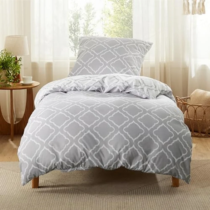 BEDSURE Bettwäsche 135x200 2teilig Bettbezug - Bettwäsche-Sets 135x200 cm mit Kissenbezug 80x80 cm, Weich Wendebettwäsche Bedding Gitter Grau Muster für Einzelbett mit Reißverschluss – Bild 2