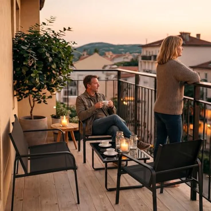 Mondeer Gartenmöbel Set, Balkon Möbel Set 4-TLG mit Armlehnen, Terrassenmöbel mit Tisch Sofa und 2 Stühlen, Textilene, für Garten Balkon Außen, Schwarz – Bild 9