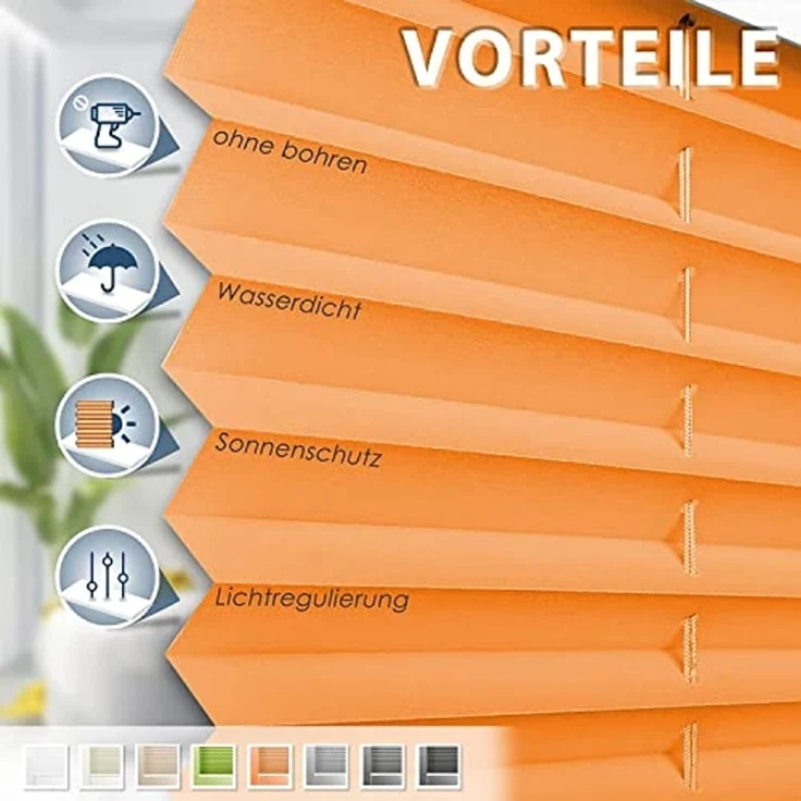 Sanfree Plissee Klemmfix Plisseerollo ohne Bohren Orange B85 x H120cm inkl. Klemmträger Blickdicht und lichtdurchlässig Jalousie Faltrollo Sichtschutz und Sonnenschutz Rollo für Fenster & Tür – Bild 2