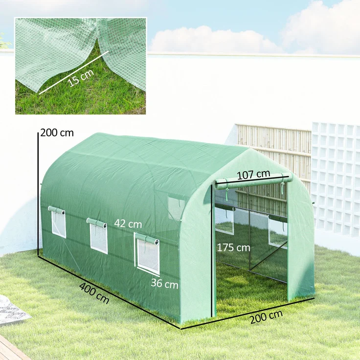 MELAYR, Gartengewächshaus 4x2x2 m, Tunnelgewächshaus mit 6 atmungsaktiven Fenstern und Rolltor, Gemüsegrün, Grün – Bild 5