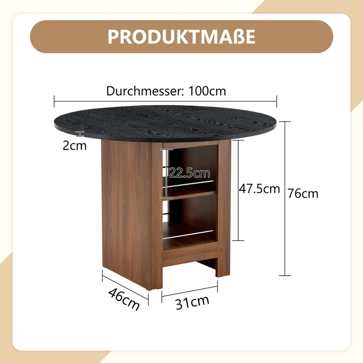 Esstisch 100x100x76 cm in Walnuss-Optik mit schwarzer Strukturplatte und offenen Stauraumfächern – Bild 5